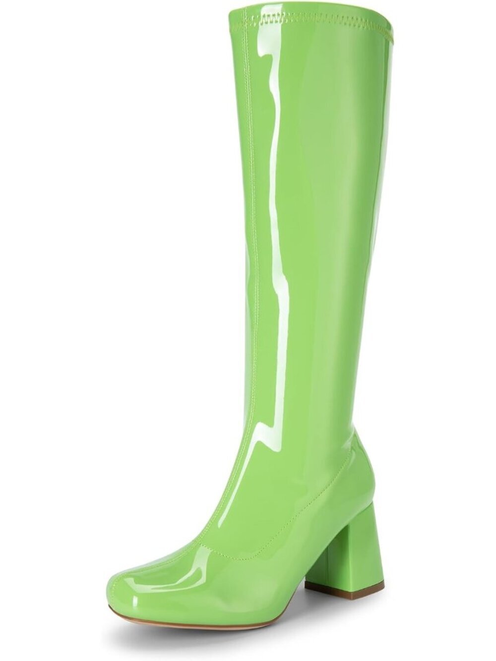 Women's Green Leather Gogo Boots Square Toe Chunky Wide Calf Knee High Boots
